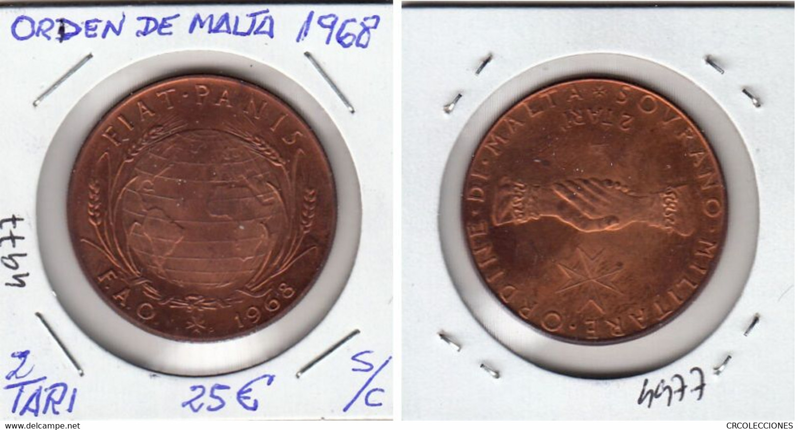 E4977 MONEDA ORDEN DE MALTA 2 TARI 1968 SIN CIRCULAR 25 - Malta (La Orden De)