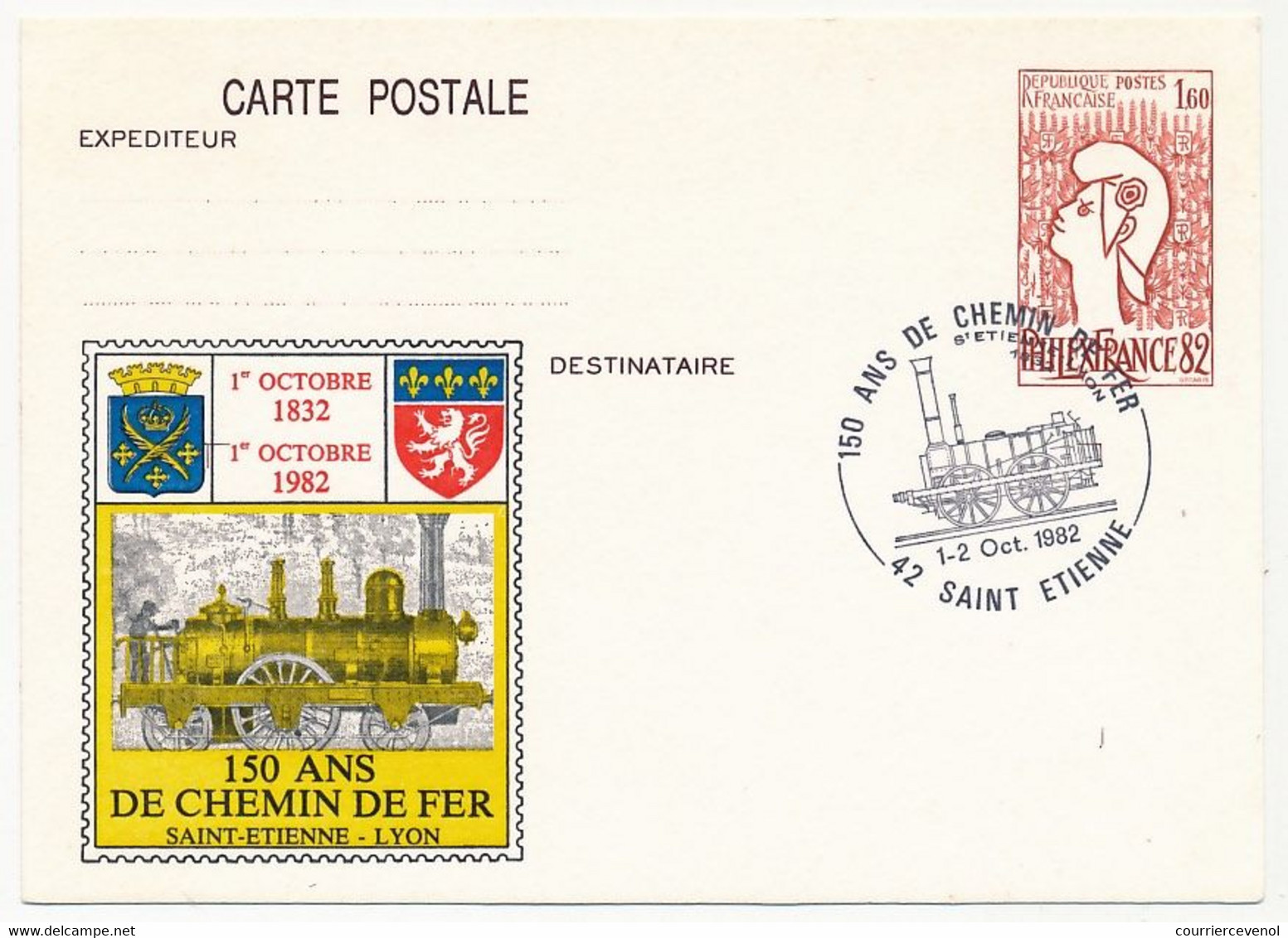 CP Entier Repiqué 1,60 Philexfrance - 150 Ans De Chemin De Fer St Etienne - Lyon - 42 SAINT ETIENNE - 1/2 Oct 1982 - Overprinter Postcards (before 1995)