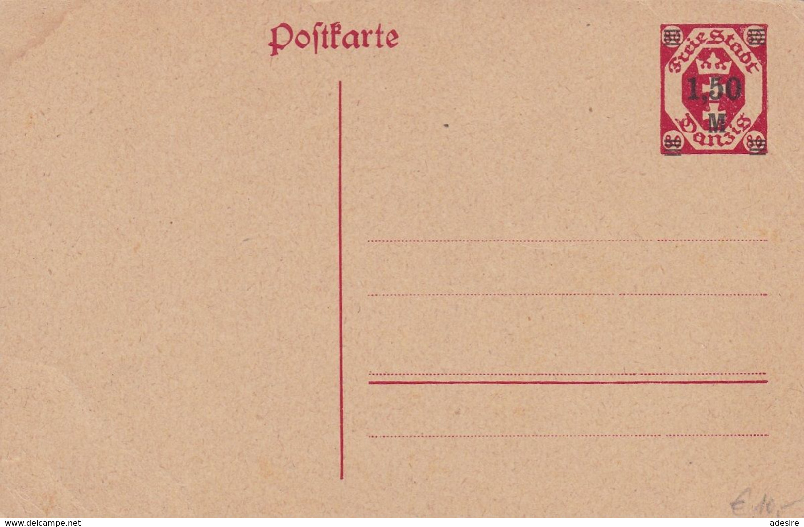 FREIE STADT DANZIG 1922 - 80 Pf Ganzsache Mit 1,50 M Überdruck Auf Pk Ungebraucht ** ... - Postwaardestukken