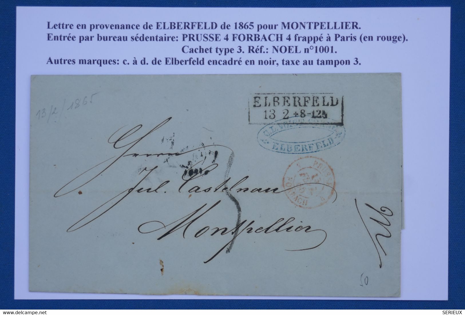 BA 11 PRUSSE  BELLE LETTRE  13 2 1865 ELBERFELD  A  MONTPELLIER   FRANCE ++ AFFRANCH . PLAISANT - Covers & Documents