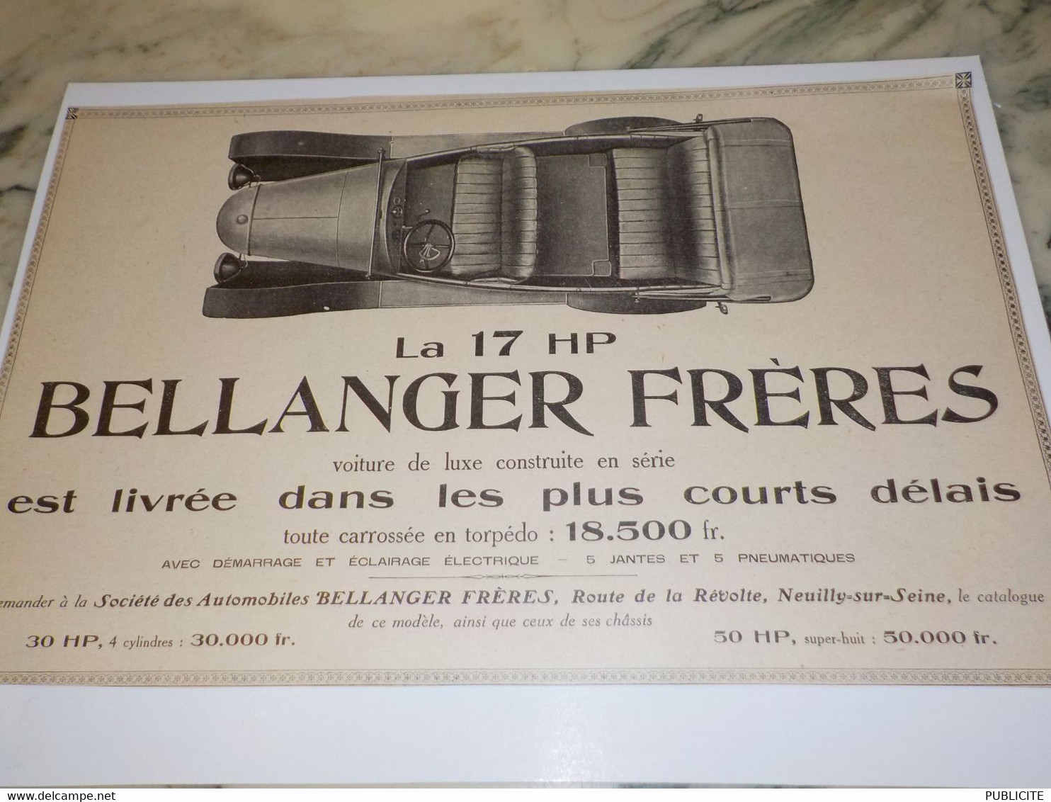 ANCIENNE  PUBLICITE VOITURE 17 HP BELLANGER FRERES 1919 - Alcools
