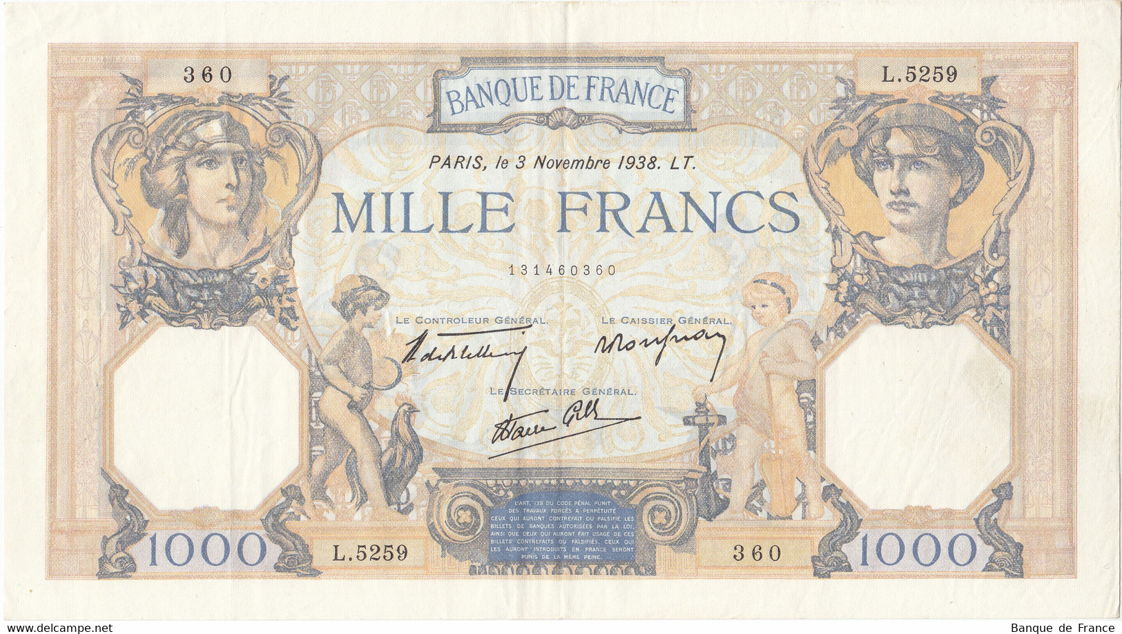 Billet 1000 F Cérès Et Mercure Du 3 Novembre 1938 FAY 38.32 Alph. L.5259 - 1 000 F 1927-1940 ''Cérès Et Mercure''