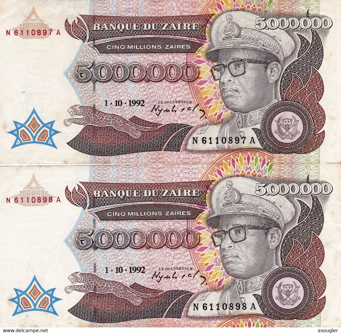 ZAIRE 2 X 5,000,000 ZAIRES 1992 CONSECUTIVE NOTES VF-EXF P-46a "free Shipping Via Regular Air Mail (buyer Risk) - Zaire