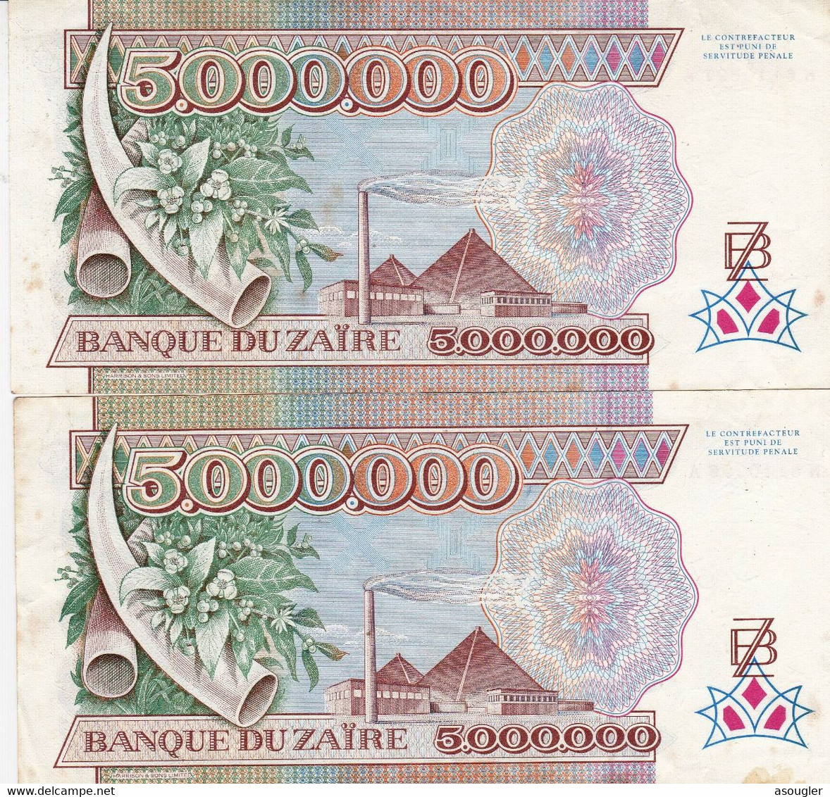 ZAIRE 2 X 5,000,000 ZAIRES 1992 CONSECUTIVE NOTES VF-EXF P-46a "free Shipping Via Regular Air Mail (buyer Risk) - Zaire