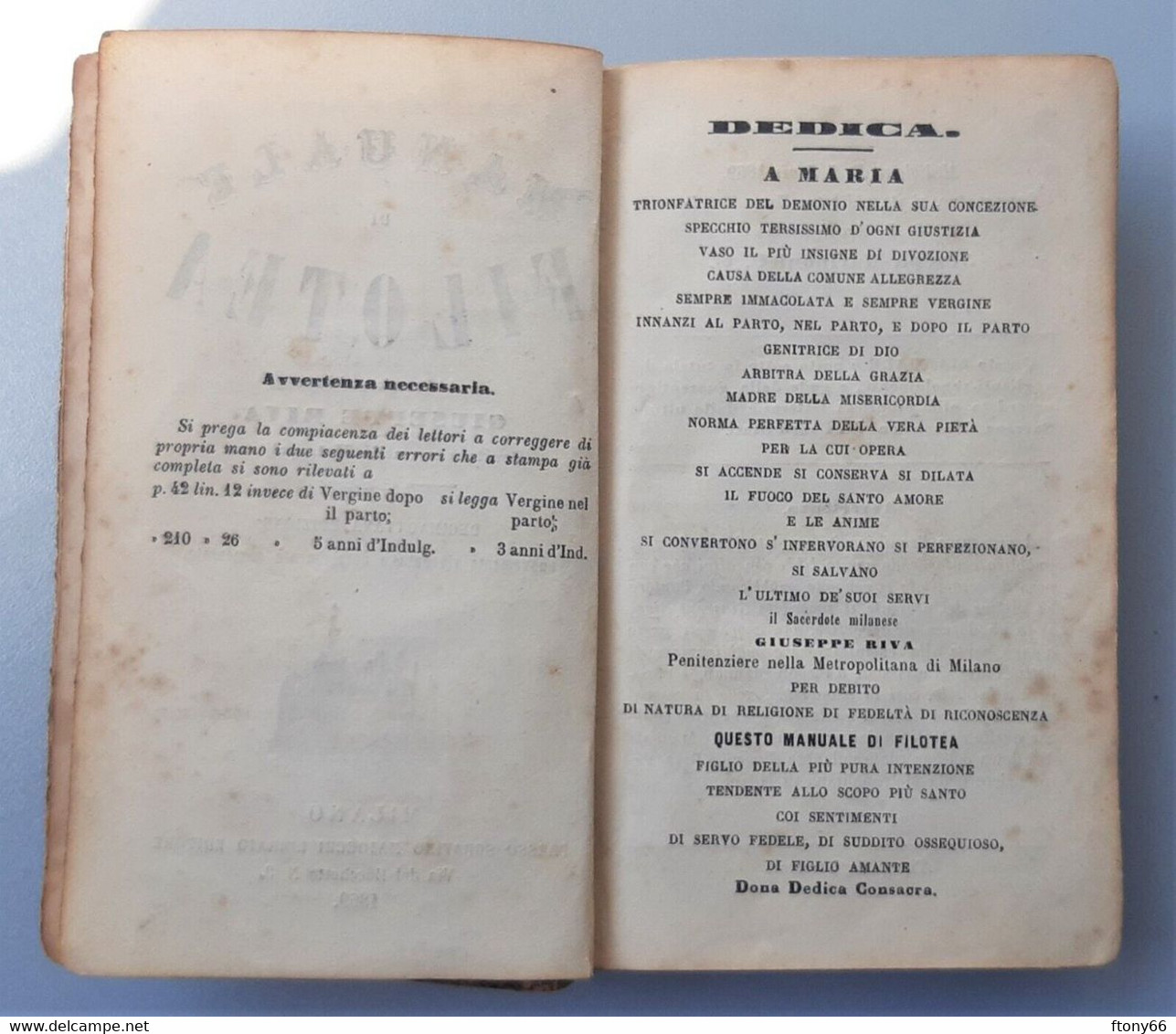 Antico MANUALE DI FILOTEA del Sacerdote Giuseppe Riva - Milano 1869