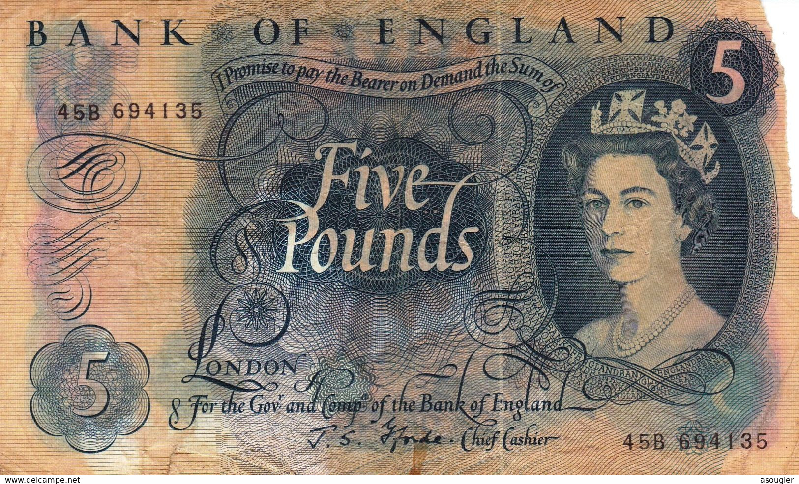 Great Britain United Kingdom England 5 POUNDS 1966-70 POOR P-375b "free Shipping Via Registered Air Mail" - 5 Pounds