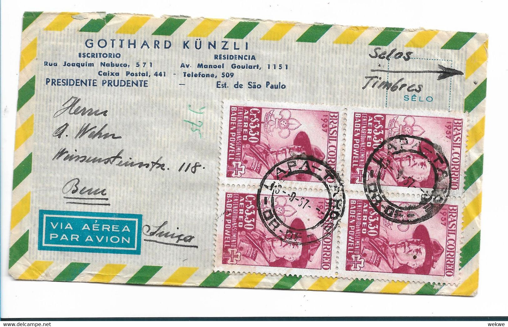 Bra177 / BRASILIEN - Thema Scout, Pfadfinder, Sao Paulo Nach Bern, Schweiz 1957 - Covers & Documents