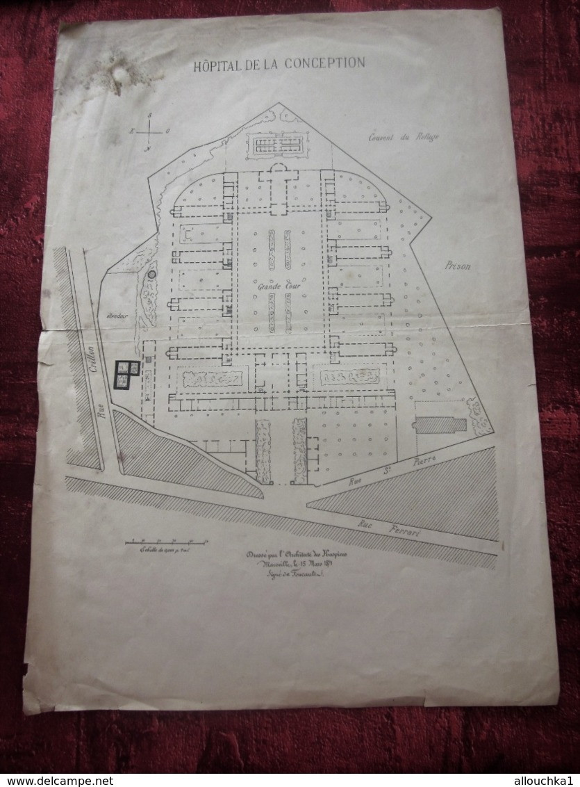 1871 HÔPITAL DE LA CONCEPTION MARSEILLE PLAN TECHNIQUE DRESSÉ ARCHITECTE FOUCAULT DES HOSPICES  Planche Travaux Public - Public Works