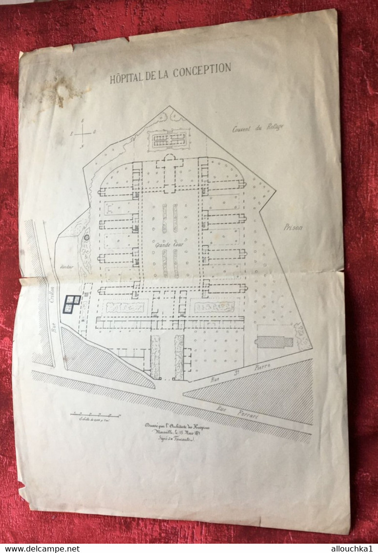 1871 HÔPITAL DE LA CONCEPTION MARSEILLE PLAN TECHNIQUE DRESSÉ ARCHITECTE FOUCAULT DES HOSPICES  Planche Travaux Public