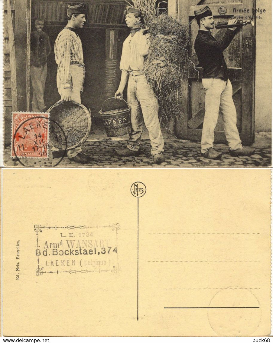 BELGIQUE  150 (o) Carte Postale Animée : Armée Belge Corvée D'écurie LAEKEN 1918 Trompette Clairon Foin Soldat - 1918 Cruz Roja