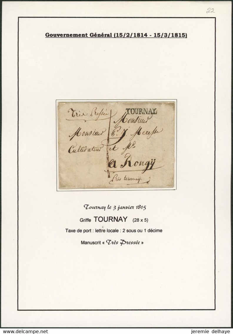 Précurseur - Page De Collection : LAC Daté De Tournay (1815) + Obl Linéaire TOURNAY (très Pressé) > - 1814-1815 (Gobierno General De Belgica)