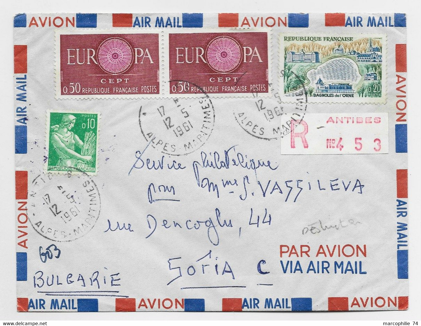 FRANCE EUROPA 50CX2+20C+10C MOISSSONNEUSE  LETTRE COVER REC AVION ANTIBES 12.5.1961 POUR BULGARIA - 1957-1959 Oogst