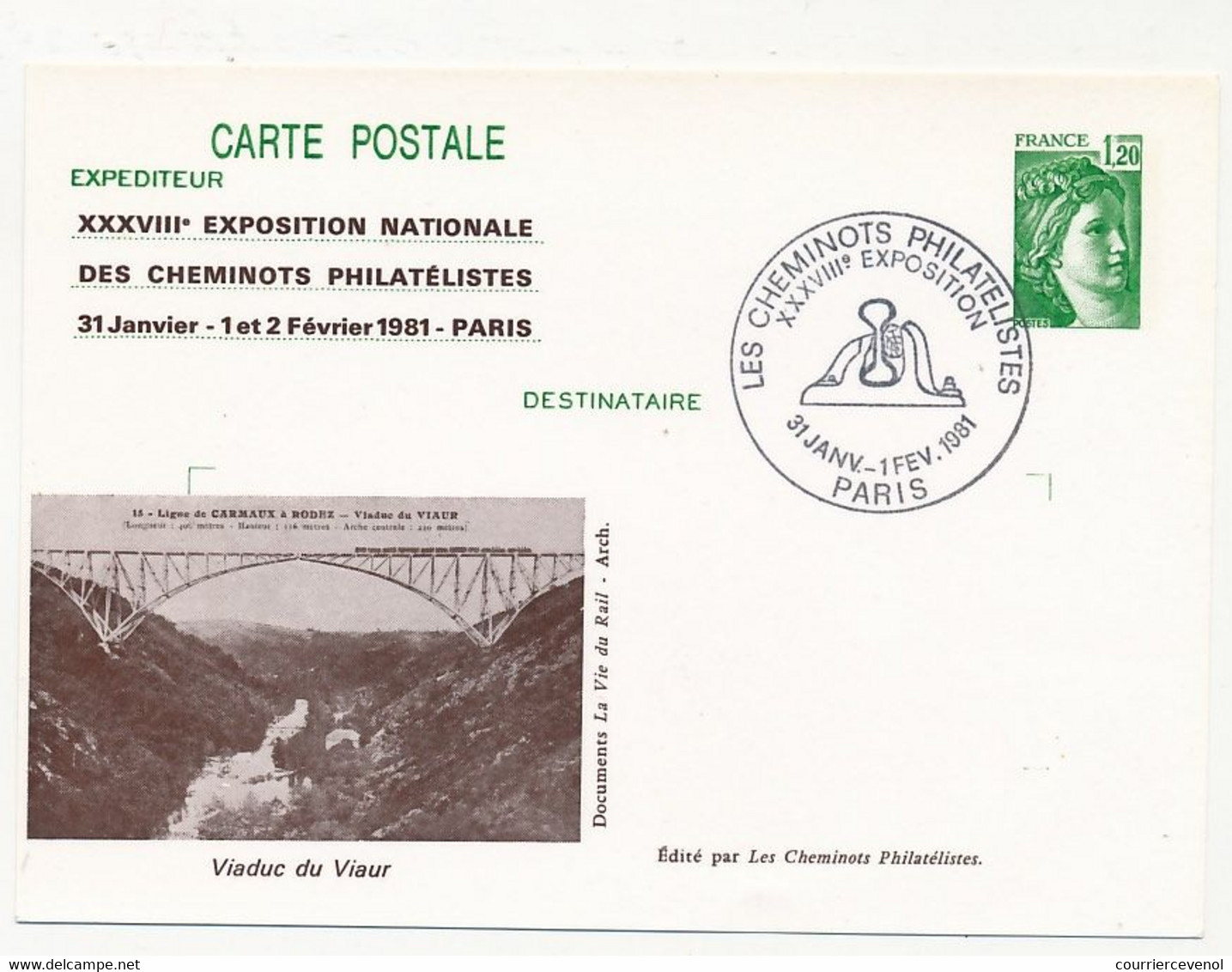 CP Entier Repiqué 1,20 Sabine - Expo Nat. Cheminots Philatélistes - Viaduc Du Viaur - PARIS 31/1 - 1/2/2/1981 - Bijgewerkte Postkaarten  (voor 1995)