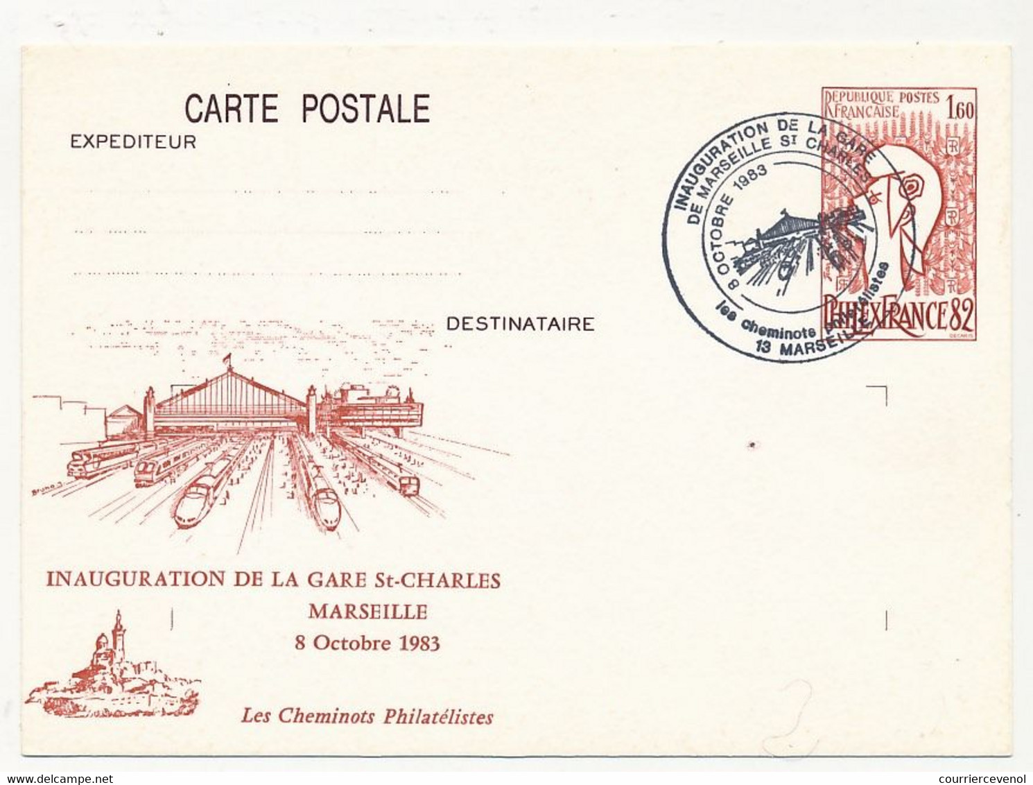 Entier Repiqué CP 1,60 Philexfrance / Inauguration De La Gare St Charles - 13 MARSEILLE - 5 Octobre 1983 - Cartes Postales Repiquages (avant 1995)