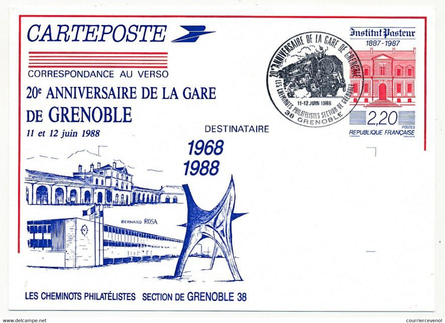 Entier Repiqué CP 2,20 Institut Pasteur - 20eme Anniversaire Gare De Grenoble - 38 GRENOBLE - 11/12 Juin 1968 - AK Mit Aufdruck (vor 1995)