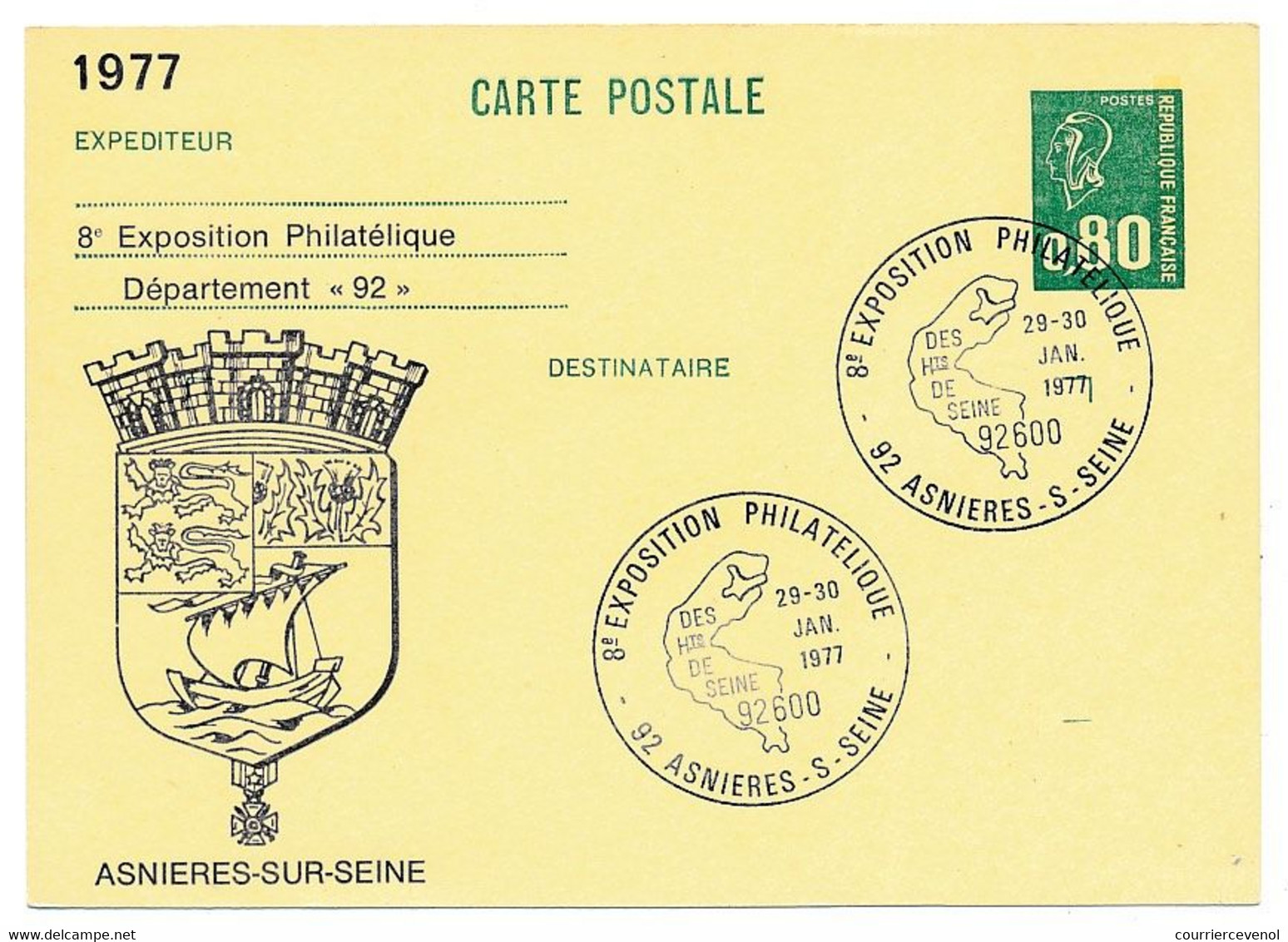 Entier Repiqué CP 0,80 Béquet - Exposition Philatélique Du 92 - 92 ASNIERES SUR SEINE - 29/30 Janvier 1977 - AK Mit Aufdruck (vor 1995)