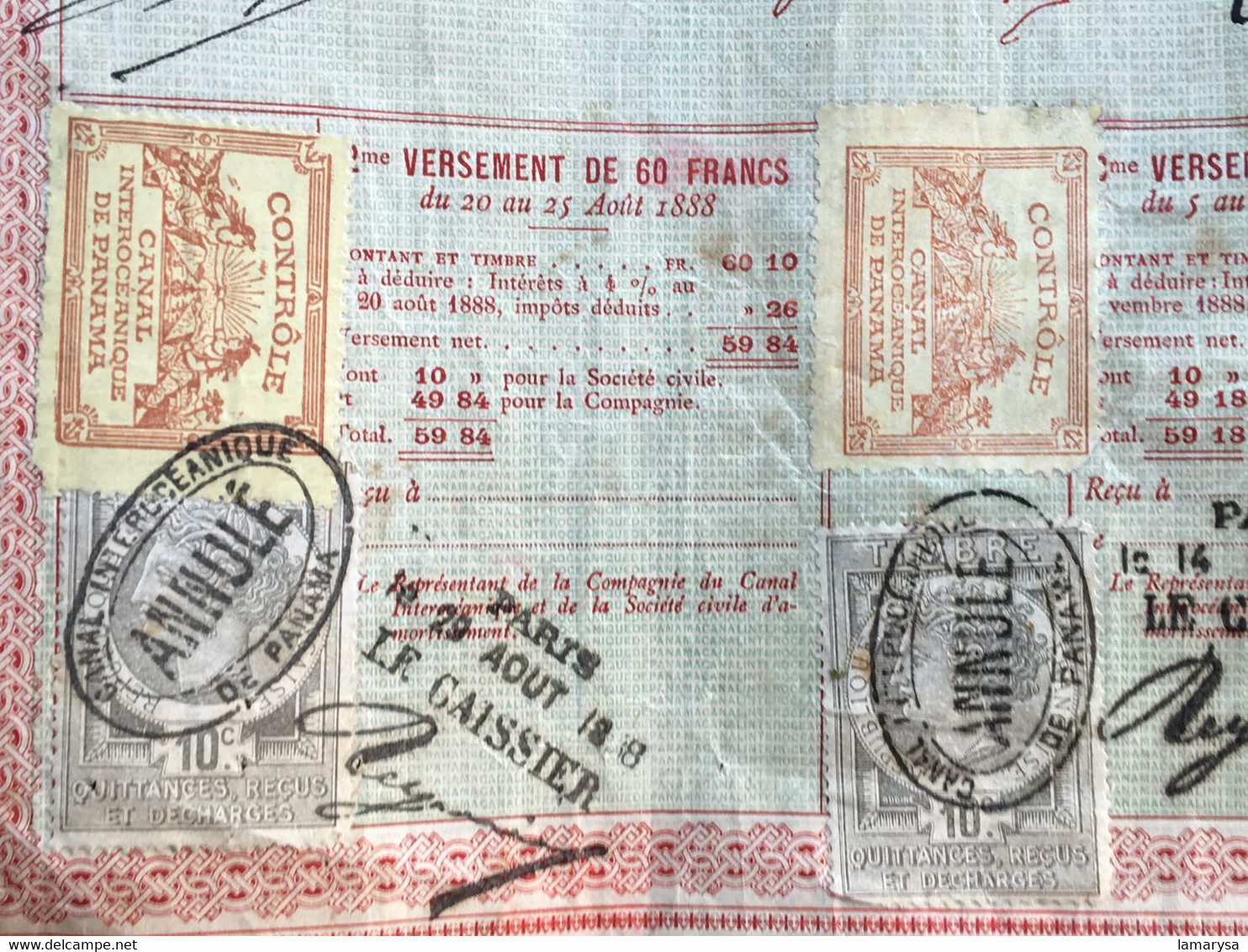 PANAMA 1888 Action & Titre Navigation COMPAGNIE UNIVERSELLE DU CANAL INTEROCÉANIQUE DE PANAMA+FISCAL + CACHETS CONTRÔLE - Navigation