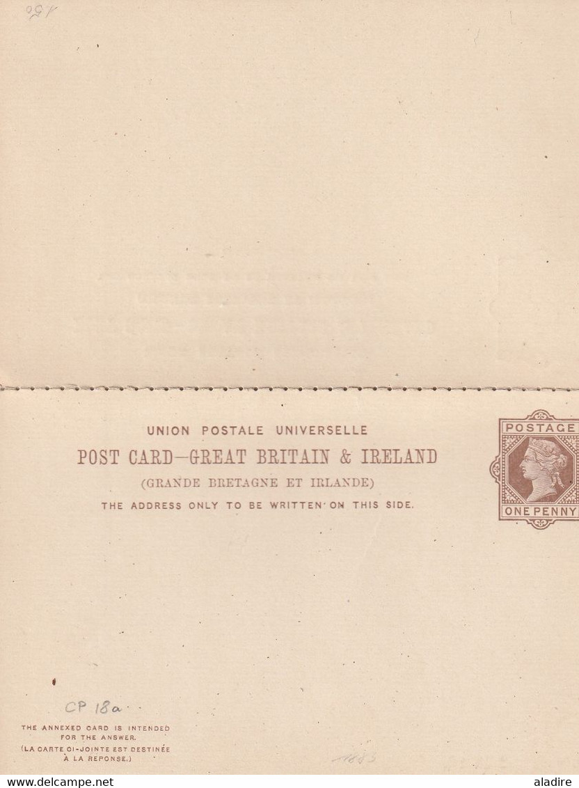 Circa 1889 - QV - Unused UPU GB And Ireland One Penny Post Card With Paid Answer - Postwaardestukken