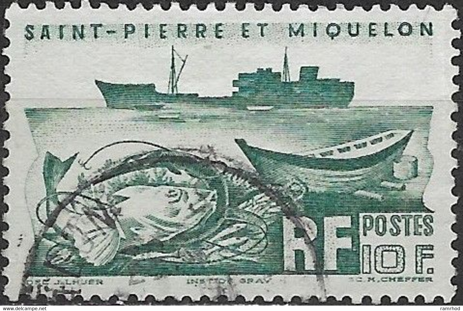 ST PIERRE & MIQUELON 1947 Trawler Colonel Pleven - 10f. - Green FU - Oblitérés