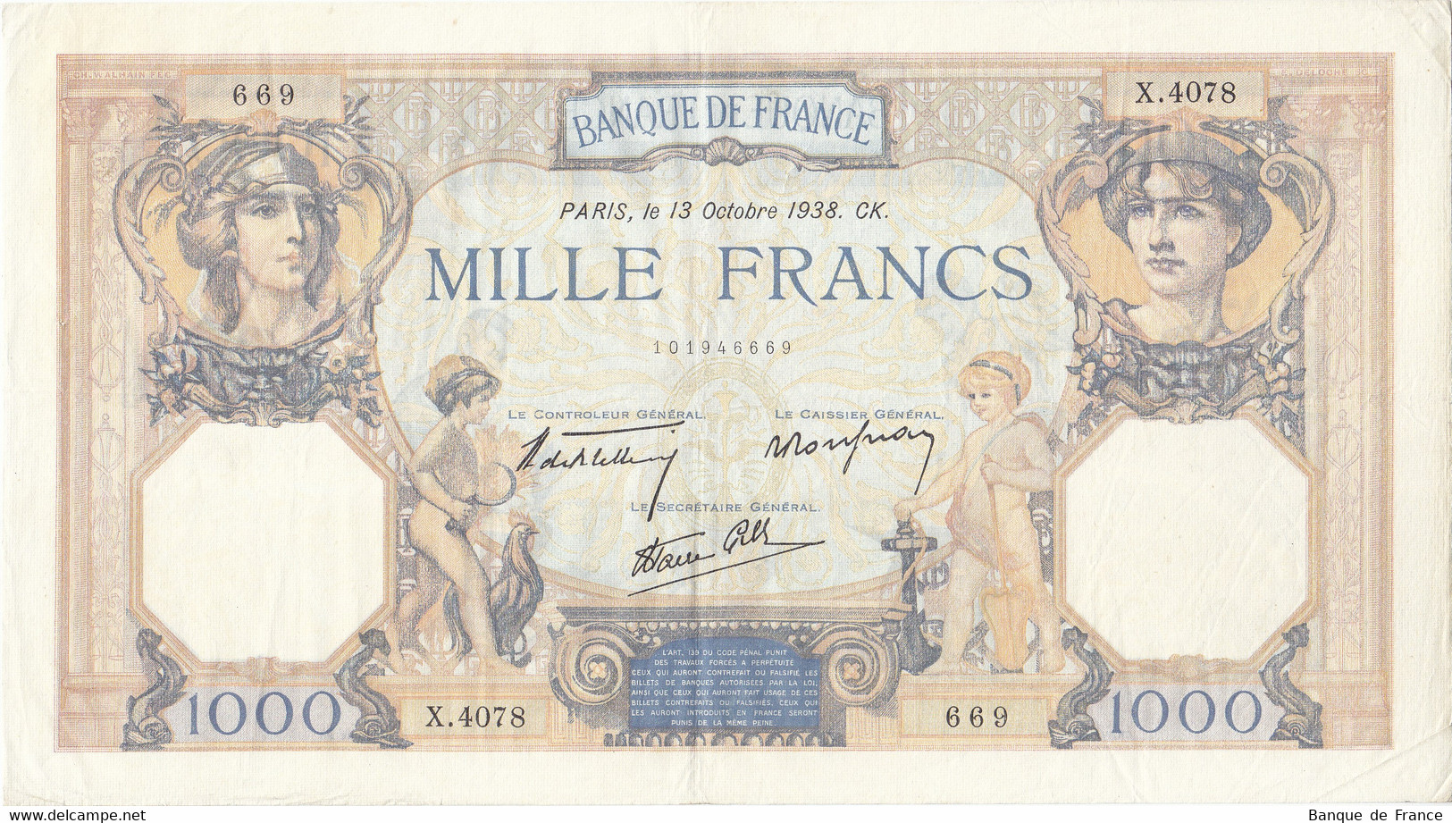 Billet 1000 F Cérès Et Mercure Du 13 Octobre 1938 FAY 38.29 Alph. X.4078 - 1 000 F 1927-1940 ''Cérès Et Mercure''