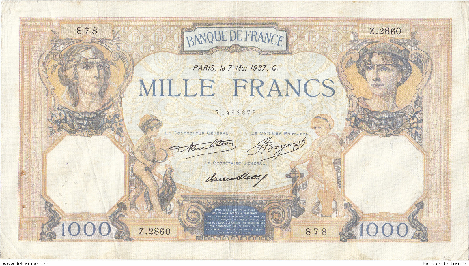 Billet 1000 F Cérès Et Mercure Du 7 Mai 1937 FAY 37.10 Alph. Z.2860 - 1 000 F 1927-1940 ''Cérès Et Mercure''