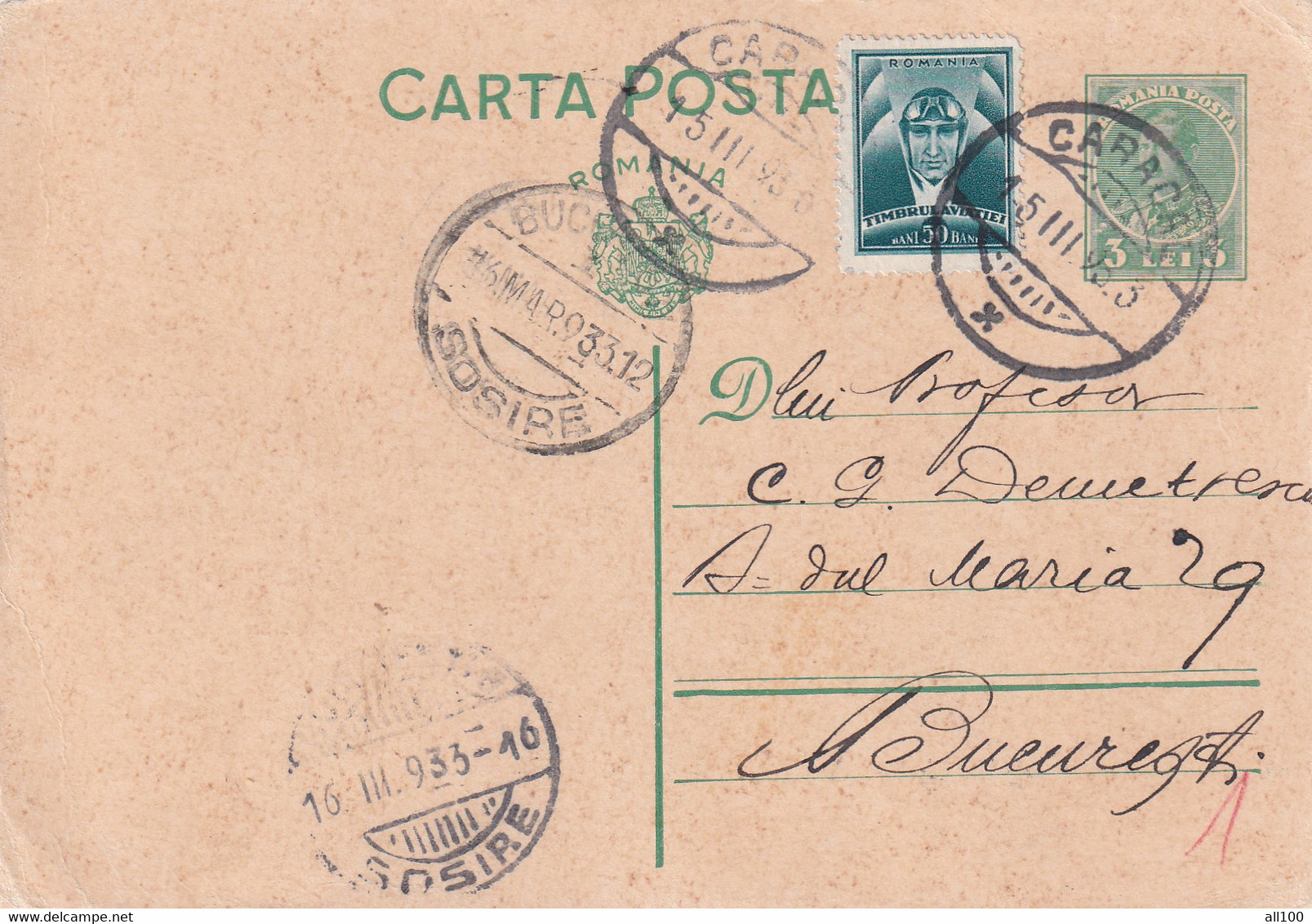 A16493-  CARTA POSTALA SENT FROM CARACAL TO BUCHAREST 1933 KING MICHAEL 3 LEI AVIATION STAMP POSTAL STATIONERY - Usado