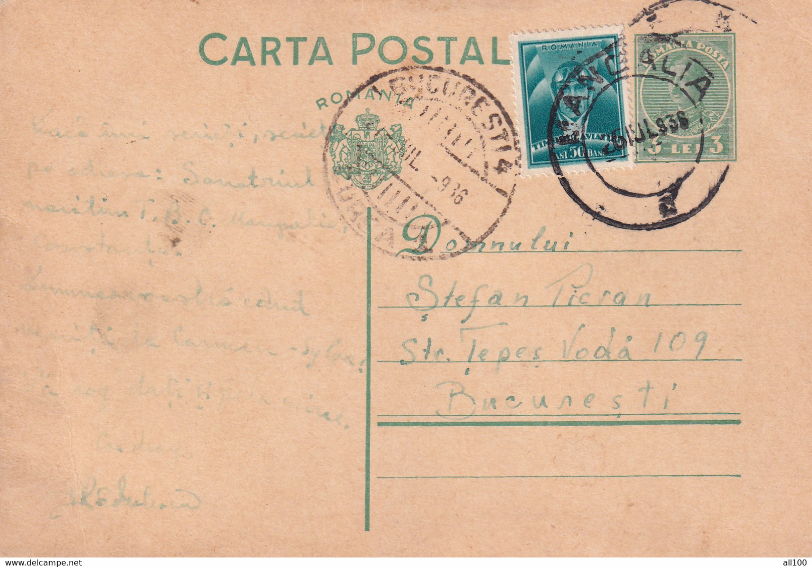 A16494-  CARTA POSTALA SENT FROM MANGALIA TO BUCHAREST 1936 KING MICHAEL 3 LEI AVIATION STAMP POSTAL STATIONERY - Usado