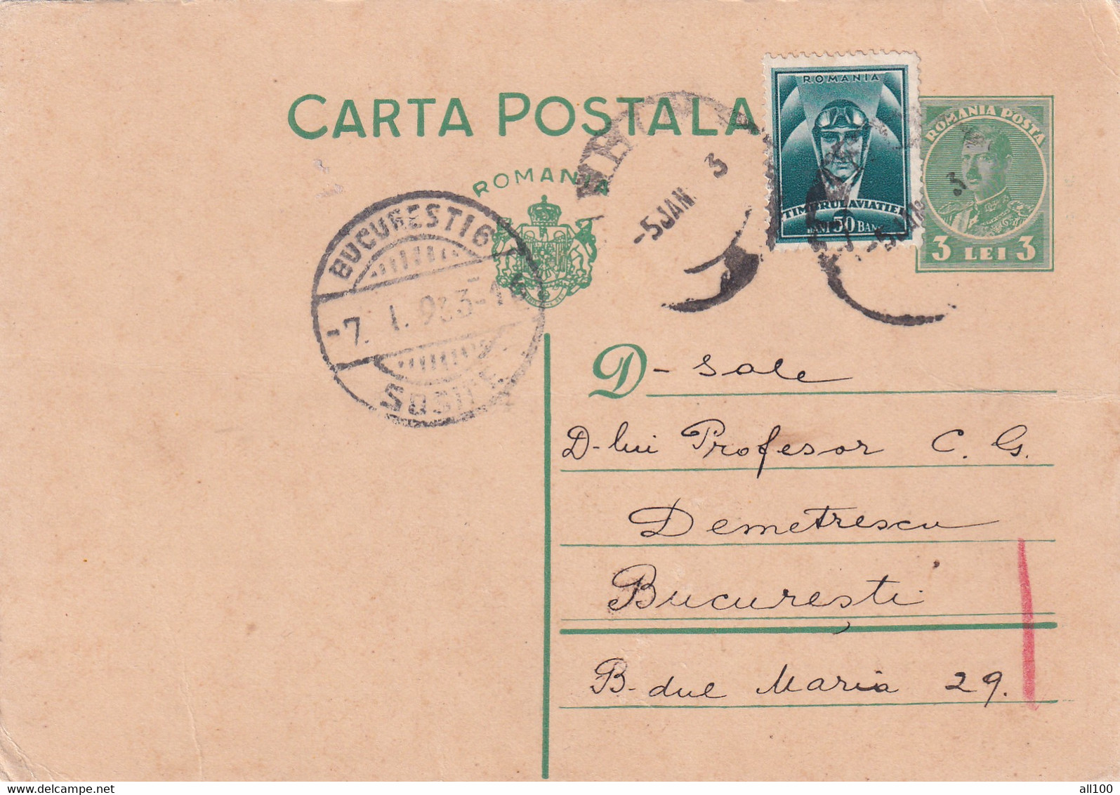 A16495-  CARTA POSTALA SENT  TO BUCHAREST 1933 KING MICHAEL 3 LEI AVIATION STAMP POSTAL STATIONERY - Usado