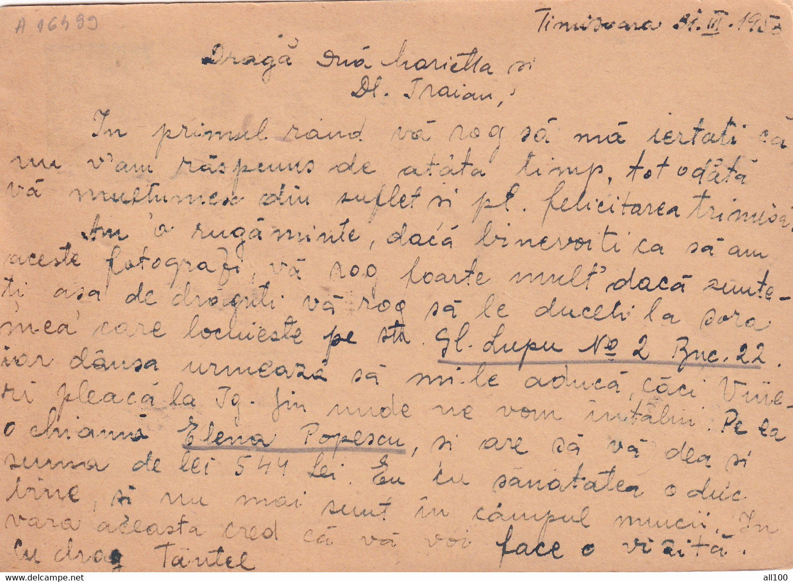 A16498-  CARTA POSTALA SENT  TO BUCHAREST 1949 RPR 6 LEI  STAMP POSTAL STATIONERY - Brieven En Documenten