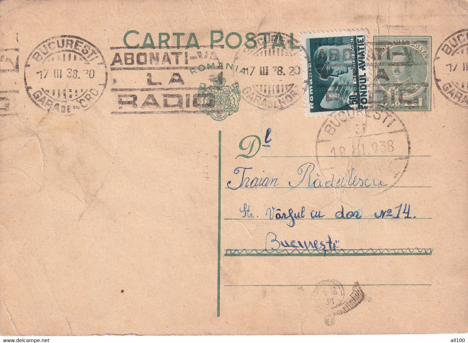 A 16503 - CARTA POSTALA 1938 TO  BUCHAREST  KING MICHAEL 3LEI AVIATION STAMP - World War 2 Letters