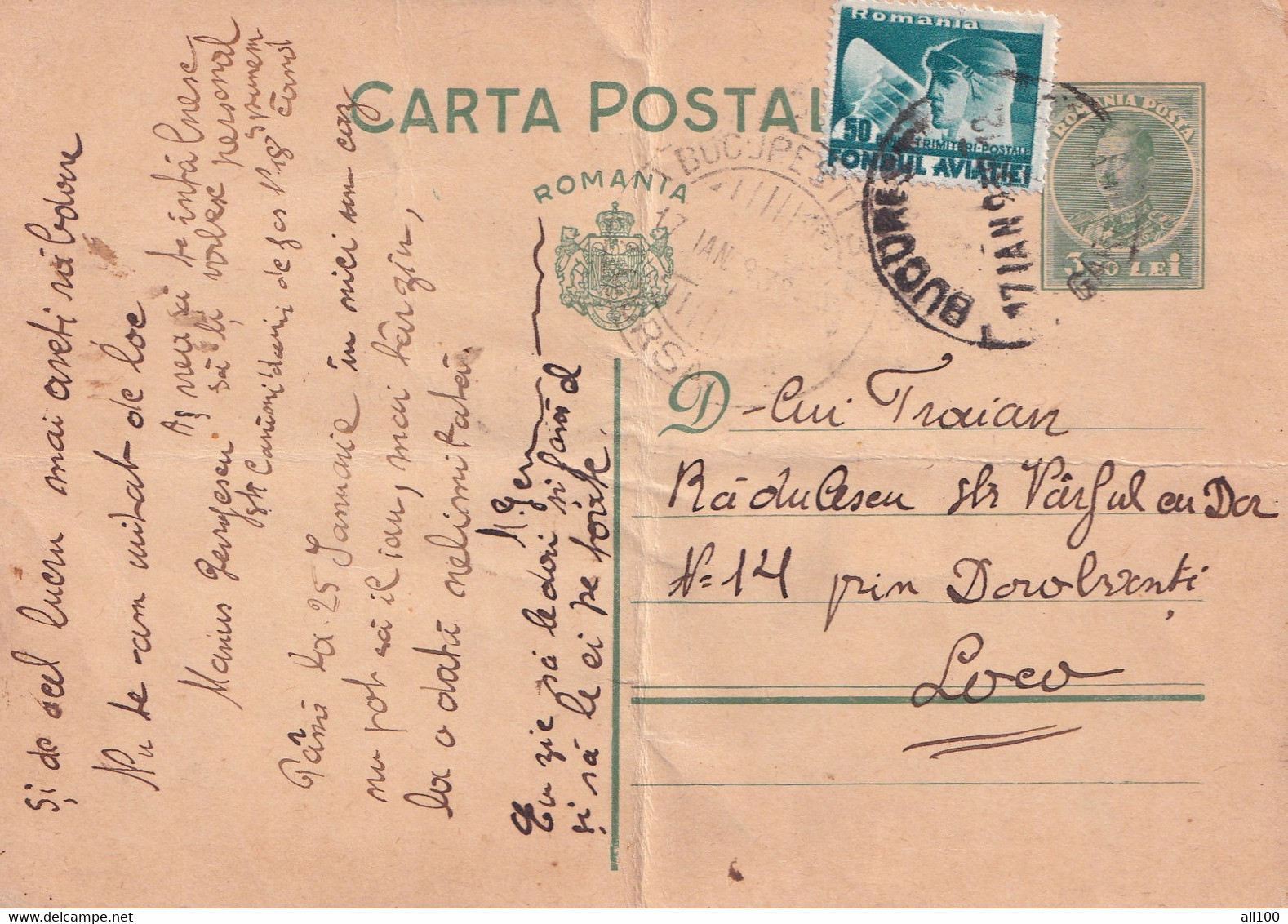 A 16504 - CARTA POSTALA 1938 FROM  BUCHAREST  KING MICHAEL 3LEI AVIATION STAMP - Cartas De La Segunda Guerra Mundial