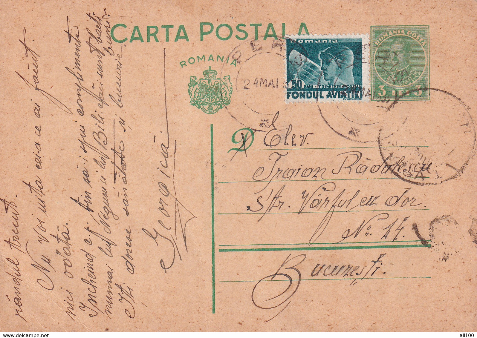 A 16507 - CARTA POSTALA 1937 FROM  BUCHAREST  KING MICHAEL 3LEI AVIATION STAMP STATIONARY STAMP - Storia Postale