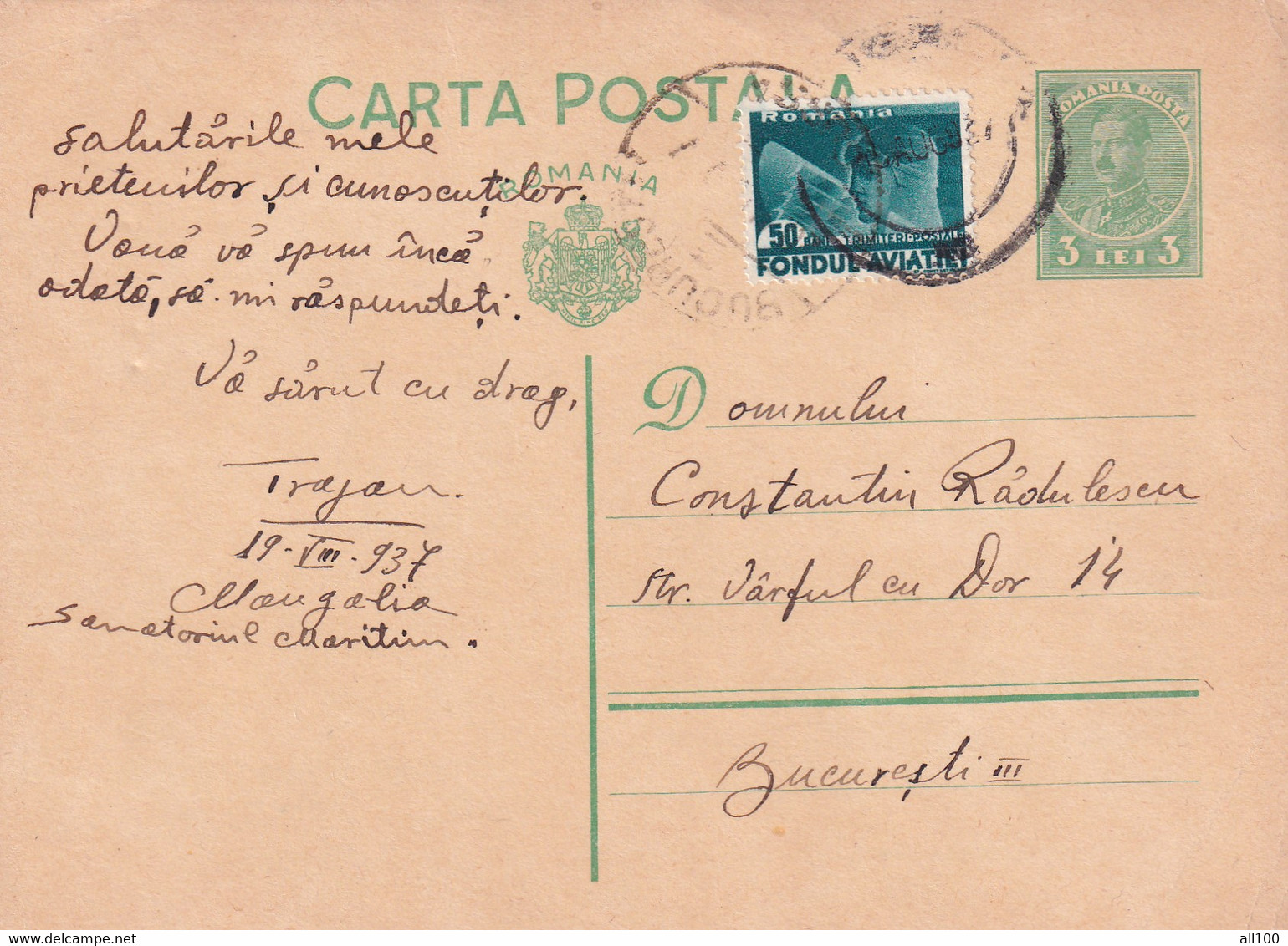 A 16508 - CARTA POSTALA 1937 FROM  BUCHAREST  KING MICHAEL 3LEI AVIATION STAMP STATIONARY STAMP - Covers & Documents