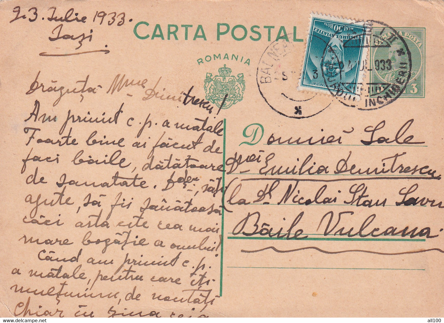 A 16510 - CARTA POSTALA 1933 FROM  IASI  TO BAILE VULCANA KING MICHAEL 3LEI AVIATION STAMP STATIONARY STAMP - Briefe U. Dokumente