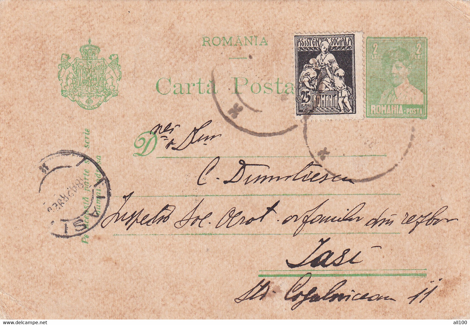 A 16515 - CARTA POSTALA 1928 SENT TO IASI KING MICHAEL 2LEI  STATIONARY STAMP - Used Stamps