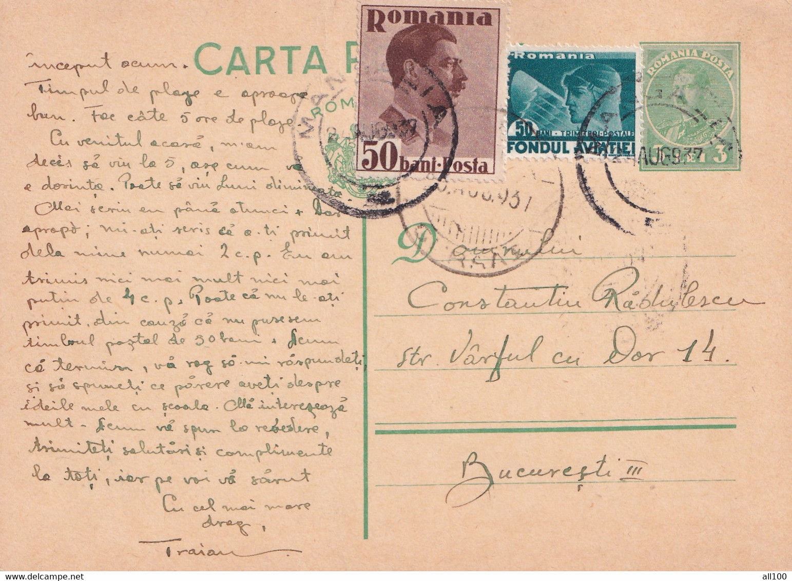 A 16517 - CARTA POSTALA 1931 TO BUCHAREST KING MICHAEL 3LEI AVIATION STAMP  STATIONARY STAMP - Used Stamps