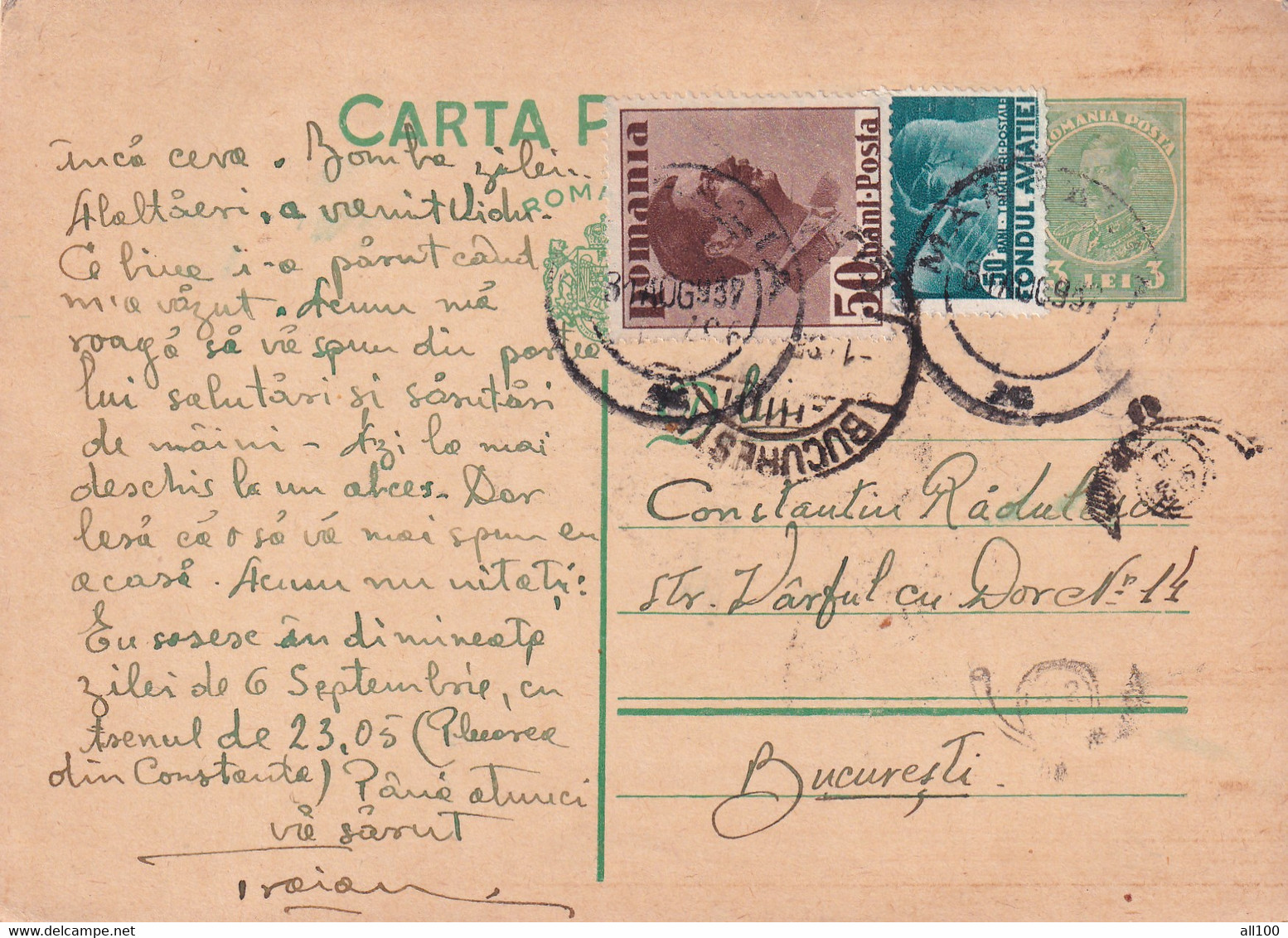 A 16519 - CARTA POSTALA 1937 FROM BUCHAREST KING MICHAEL 3LEI AVIATION STAMP  STATIONARY STAMP - Gebraucht