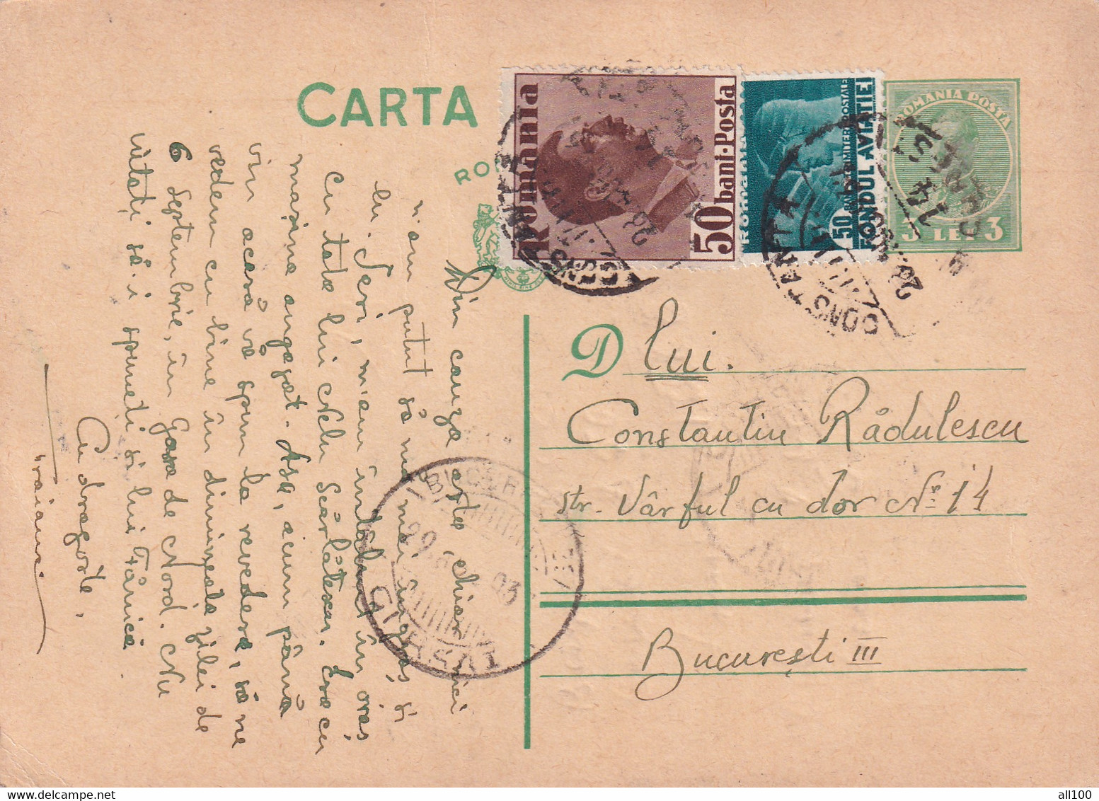 A 16520 - CARTA POSTALA 1937 FROM BUCHAREST KING MICHAEL 3LEI AVIATION STAMP  STATIONARY STAMP - Used Stamps