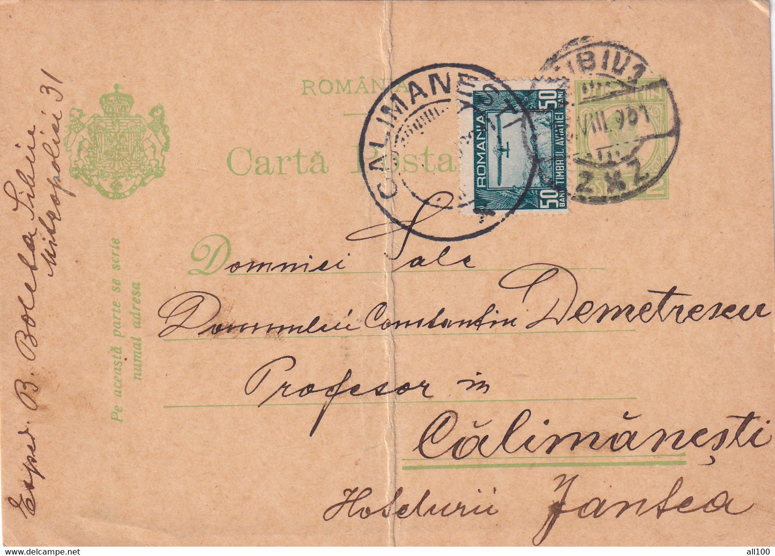 A 16522 - CARTA POSTALA 1931 SIBIU TO CALIMANESTI KING MICHAEL 2 LEI AVIATION STAMP  STATIONARY STAMP - Usado