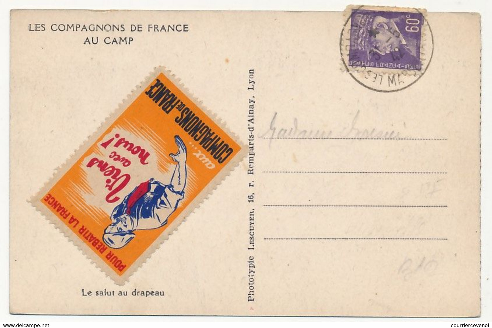 Vignette "Compagnons De France" Sur CP "Le Salut Au Drapeau" - 1942 - Covers & Documents