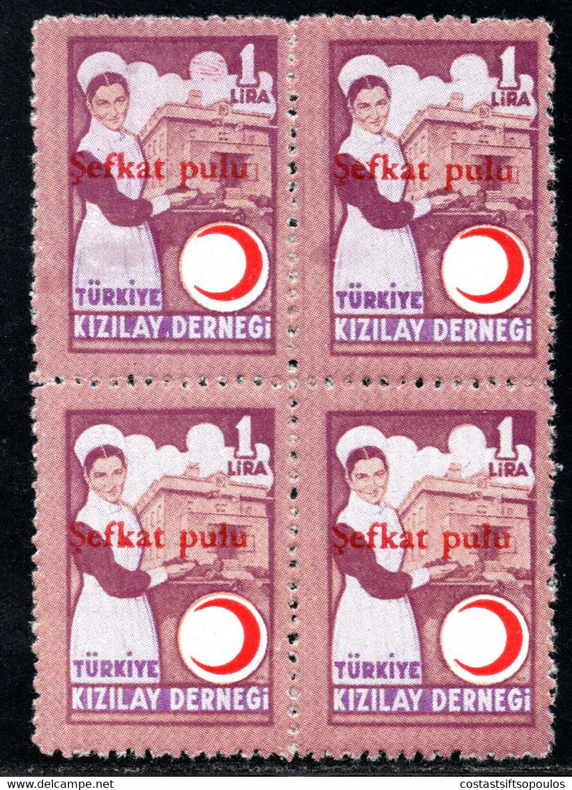 1015.TURKEY,1949 1 L.SEFKAT PULU CHARITY RED CRESCENT,Y.T.163 MNH BLOCK OF 4 - Ongebruikt