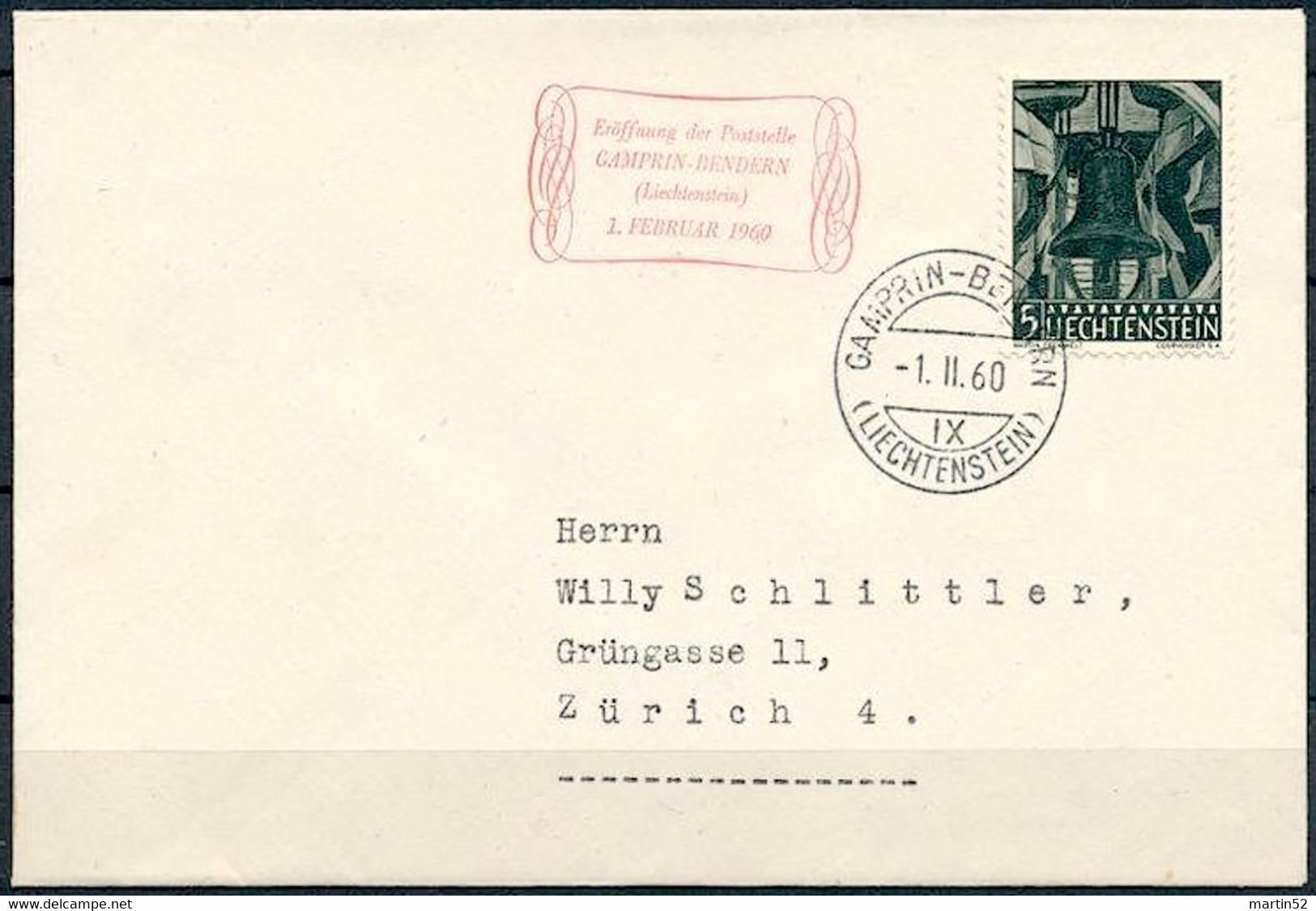 Liechtenstein 1960: Zu 342 Mi 386 Yv 350 Mit Rotem Beistempel Eröffnung Der Poststelle GAMPRIN-BENDERN 1.II.60 - Lettres & Documents