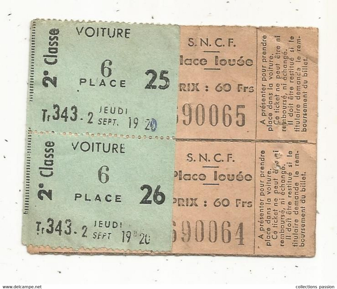 JC, Bloc De 2 Titres De Transport, S.N.C.F., Place Louée , Tr 343 , Jeudi 2 Sept. 1954  , 60 Fr., BLOC DE 2 TICKETS - Europe