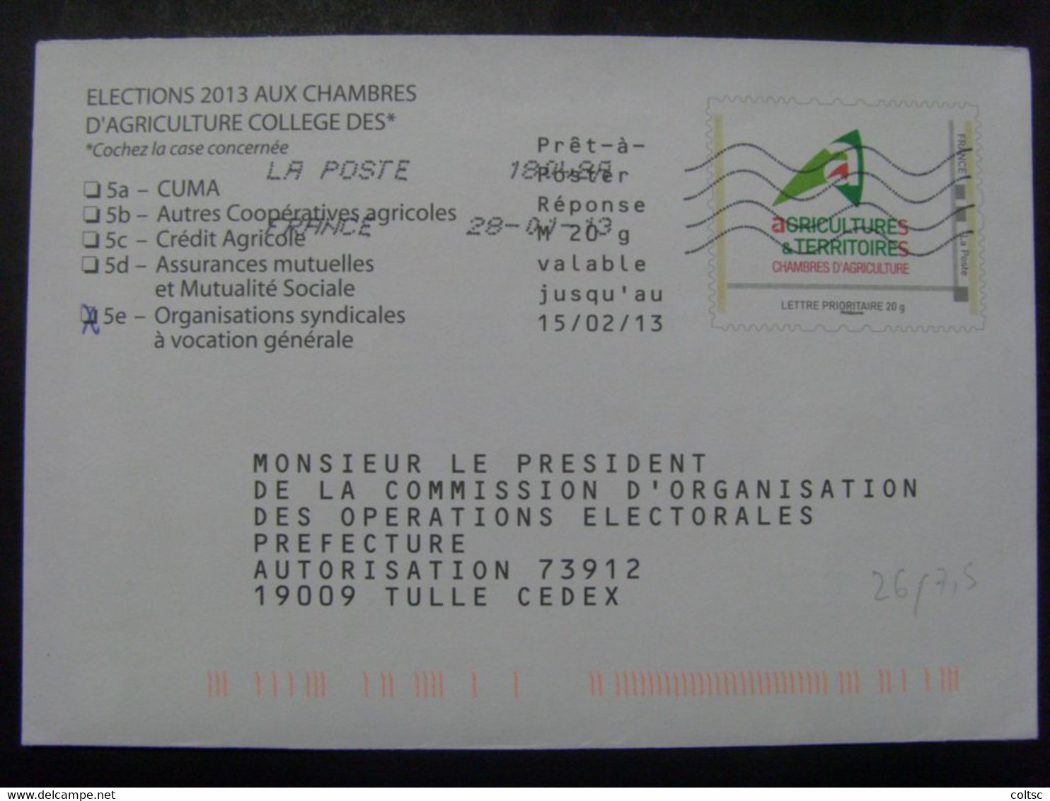 73- PAP Réponse Elections Aux Chambres D'Agriculture 2013 Collège "Collectivités" Tulle Obl Pas Courant - Listos A Ser Enviados: Respuesta