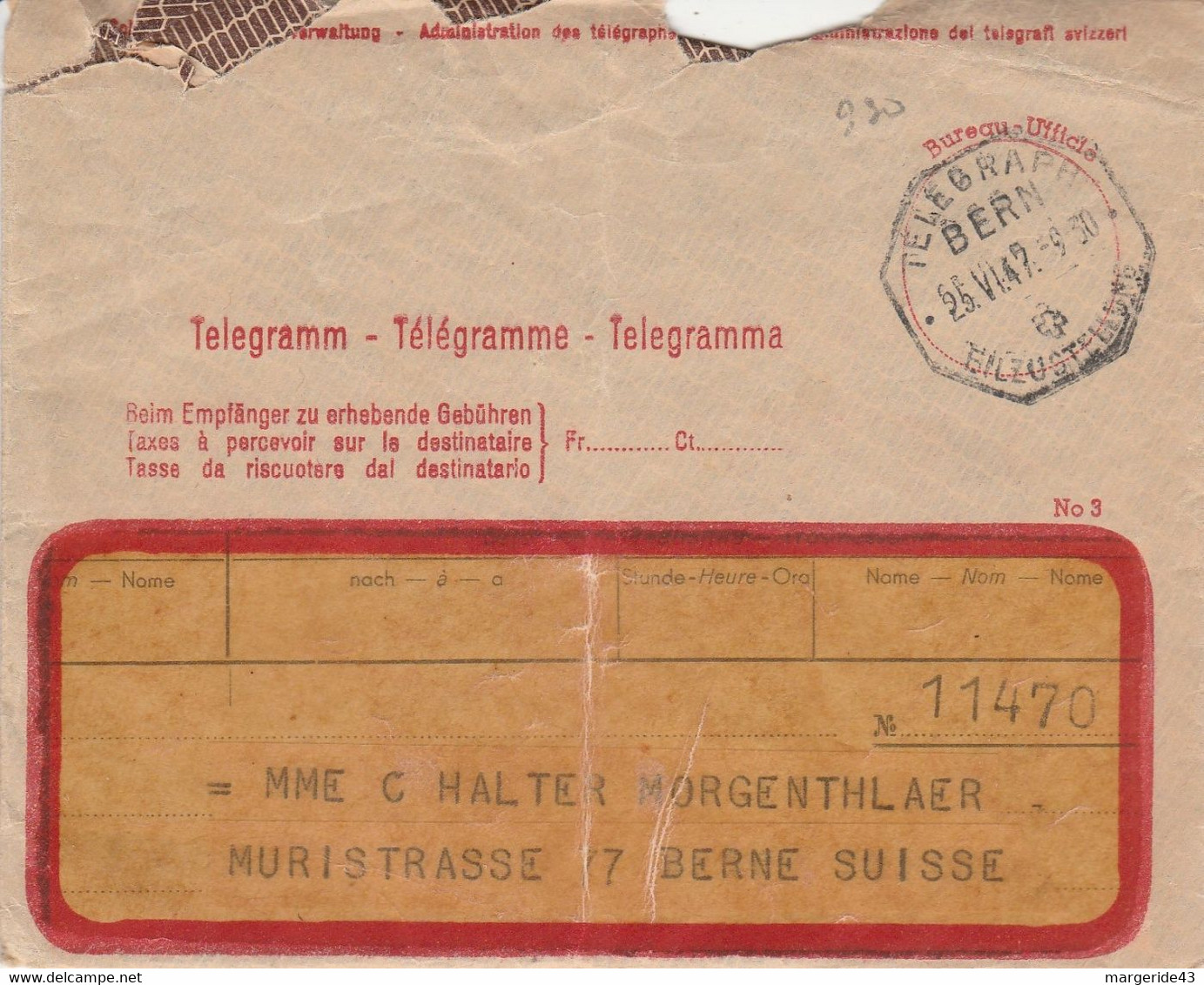 SUISSE ENVELOPPE TELEGRAPHE DE BERN 1947 - Telegraafzegels