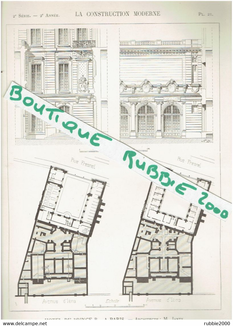 5 PLANS DESSINS 1896 PARIS 16° HOTEL DU PRINCE ROLAND BONAPARTE 10 RUE FRESNEL ET AVENUE IENA PALACE SHANGRI LA PARIS - Paris