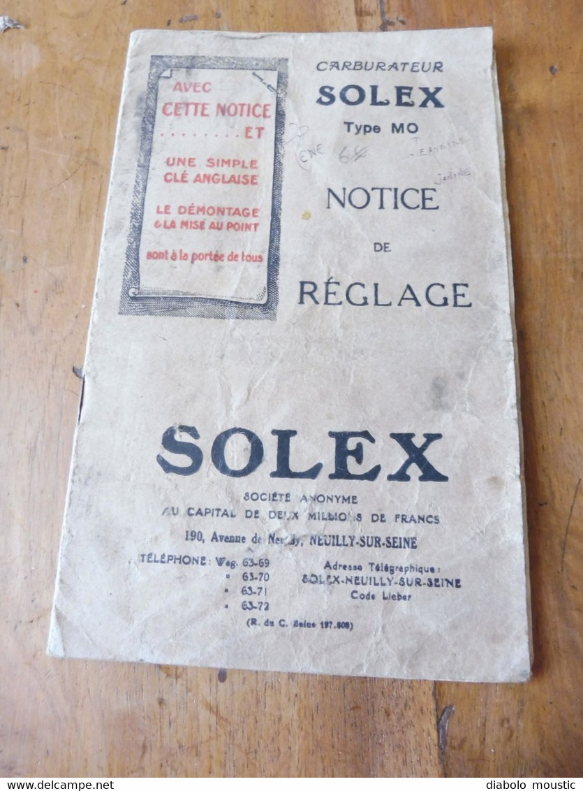 Carburateur SOLEX  :  Notice De Réglage Du Carburateur Type MO (année 1929) - Other & Unclassified