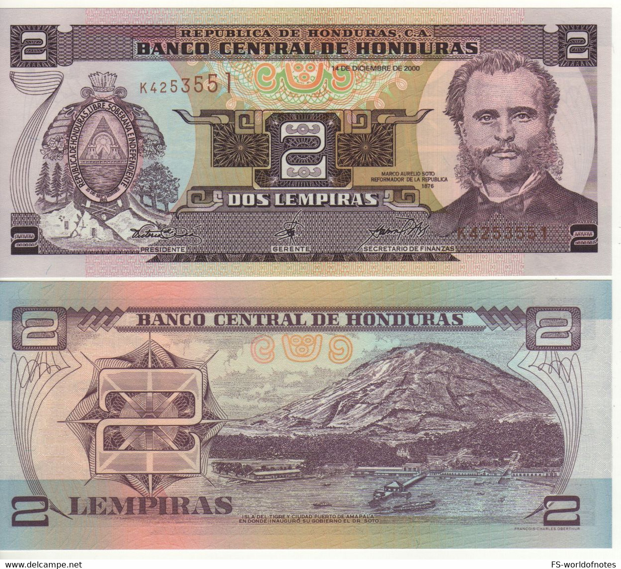 HONDURAS  2  Lempiras P80Ab  14.12.2000   (Marco Aurelio Soto +  Tigre Island)   UNC - Honduras