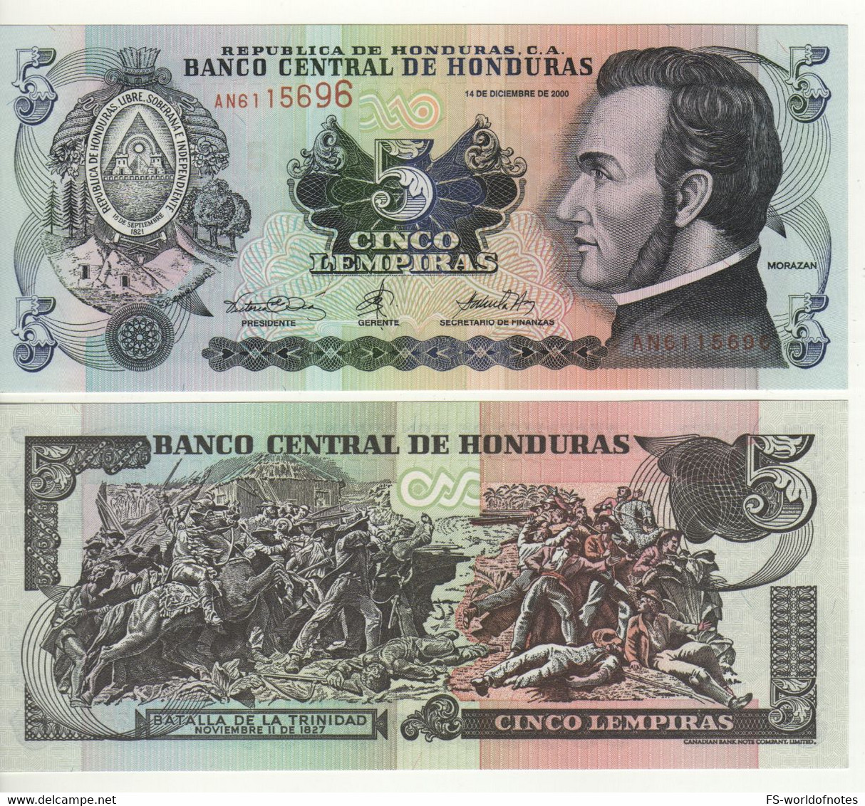 HONDURAS  5  Lempiras P85a  14.12.2000   (José Francisco Morazán Quezada + Battle Of Trinidad At Back)   UNC - Honduras