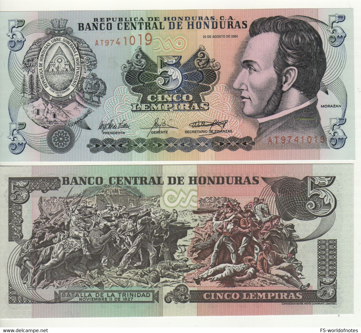 HONDURAS  5  Lempiras P85d  26.08.2004   (José Francisco Morazán Quezada + Battle Of Trinidad At Back)   UNC - Honduras